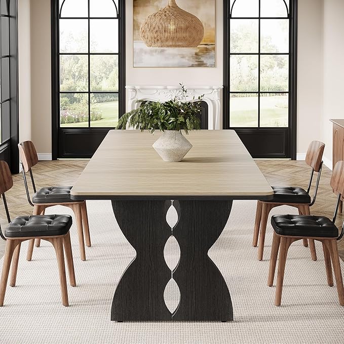 180cm Long Dining Table for 6 to 8 People, Modern Wood Dining Room Table with Large Tabletop, Farmhouse Rectangle Kitchen Tablee with Heavy Duty Pedestal for Dining Room, Beige and Black