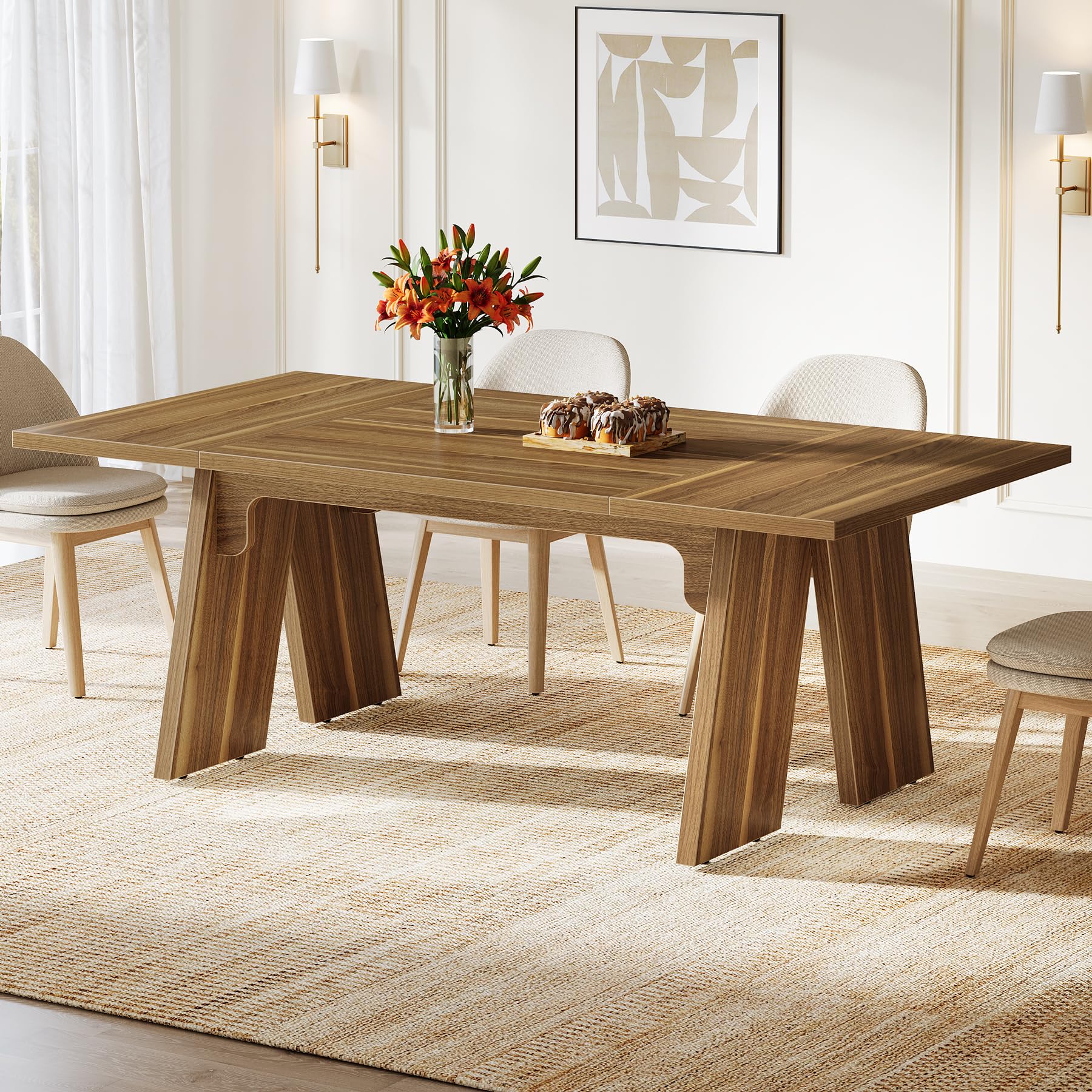 180cm Large Dining Table for 6 People, Farmhouse Dinner Table, Rectangular Dining Table with Solid Wood Legs for Kitchen, Dining Room, Living Room (Chairs Not Included)