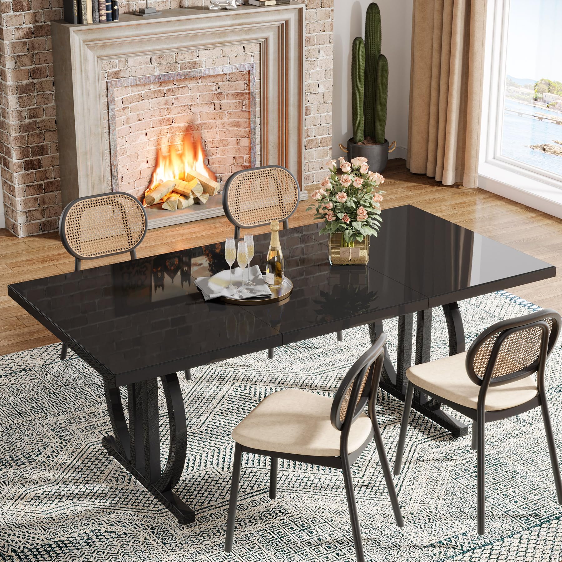 160cm Dining Table for 6, Rectangular Wood Kitchen Table with Heavy-Duty Metal Legs, Modern Black Dinner Table for Home, Dining Room, Small Spaces (63" D x 31.5" W x 29.53" H)