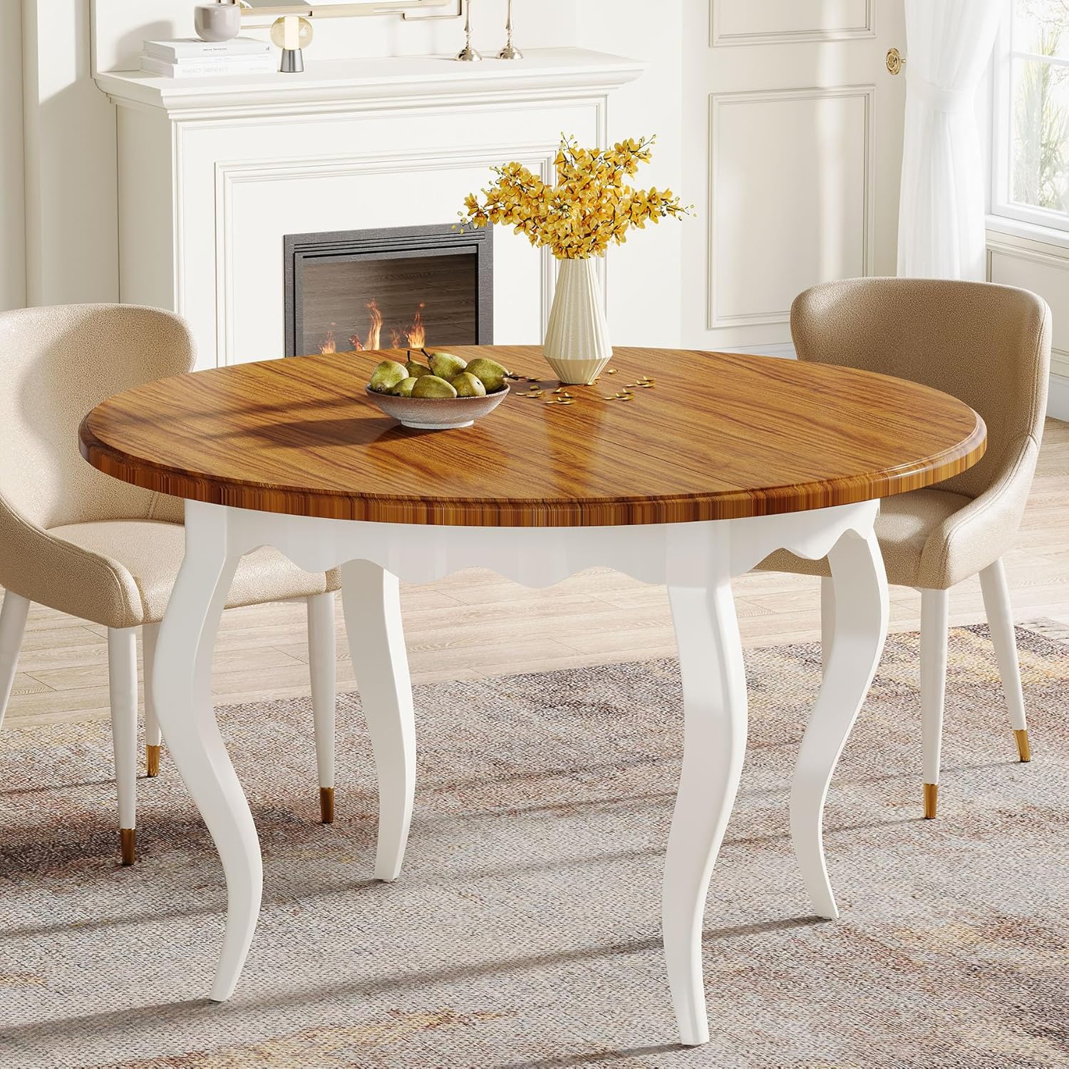 Round Dining Table for 4, 119cm Farmhouse Kitchen Dinner Table, Wood Circle Dining Room Table with Solid Wood Legs for Kitchen, Living Room, Brown and White (Only Table)