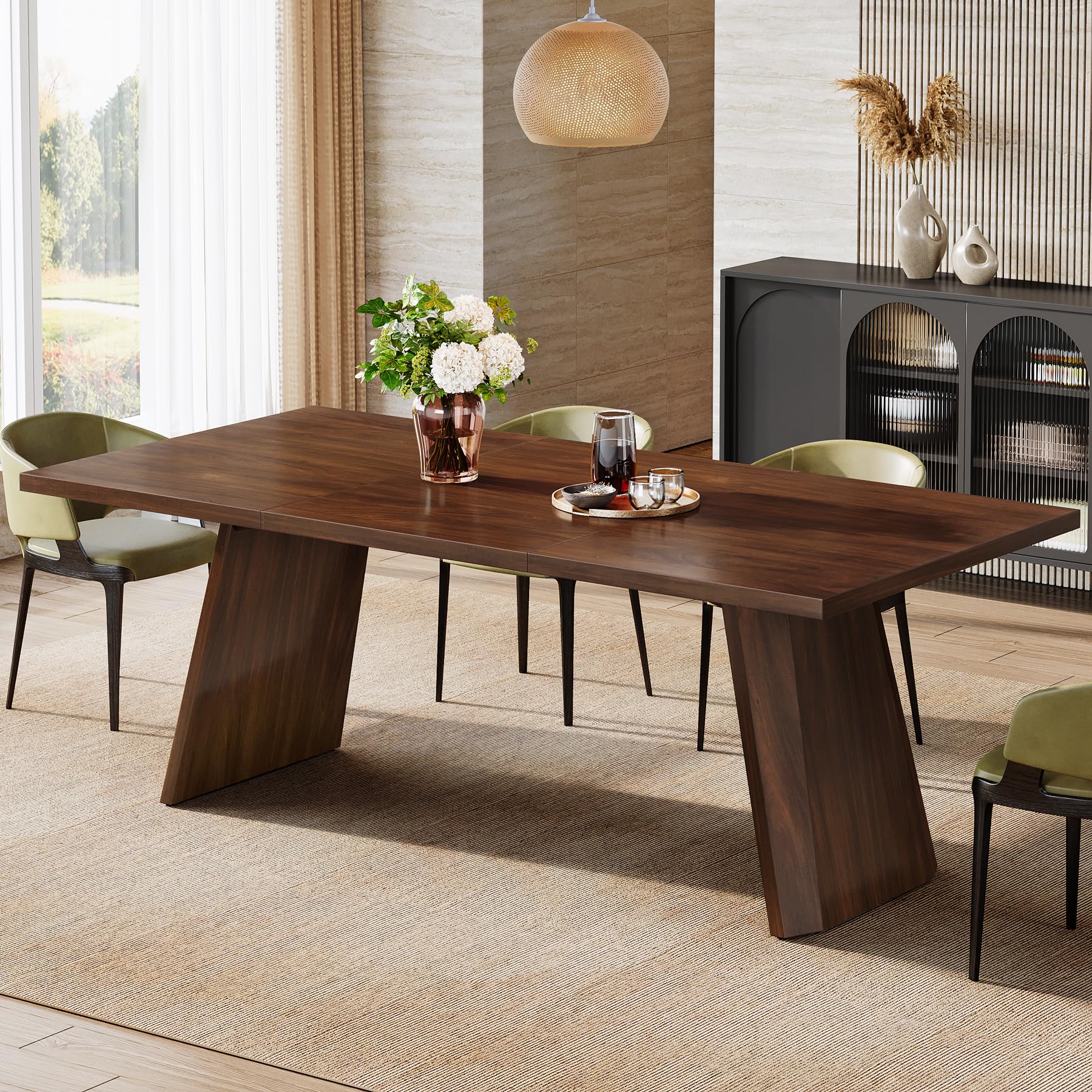 178cm Dining Table for 6 to 8 People, Farmhouse Wooden Kitchen Table, Rectangular Dinner Table with Large Tabletop for Dining Room, Kitchen, Home, Walnut Brown