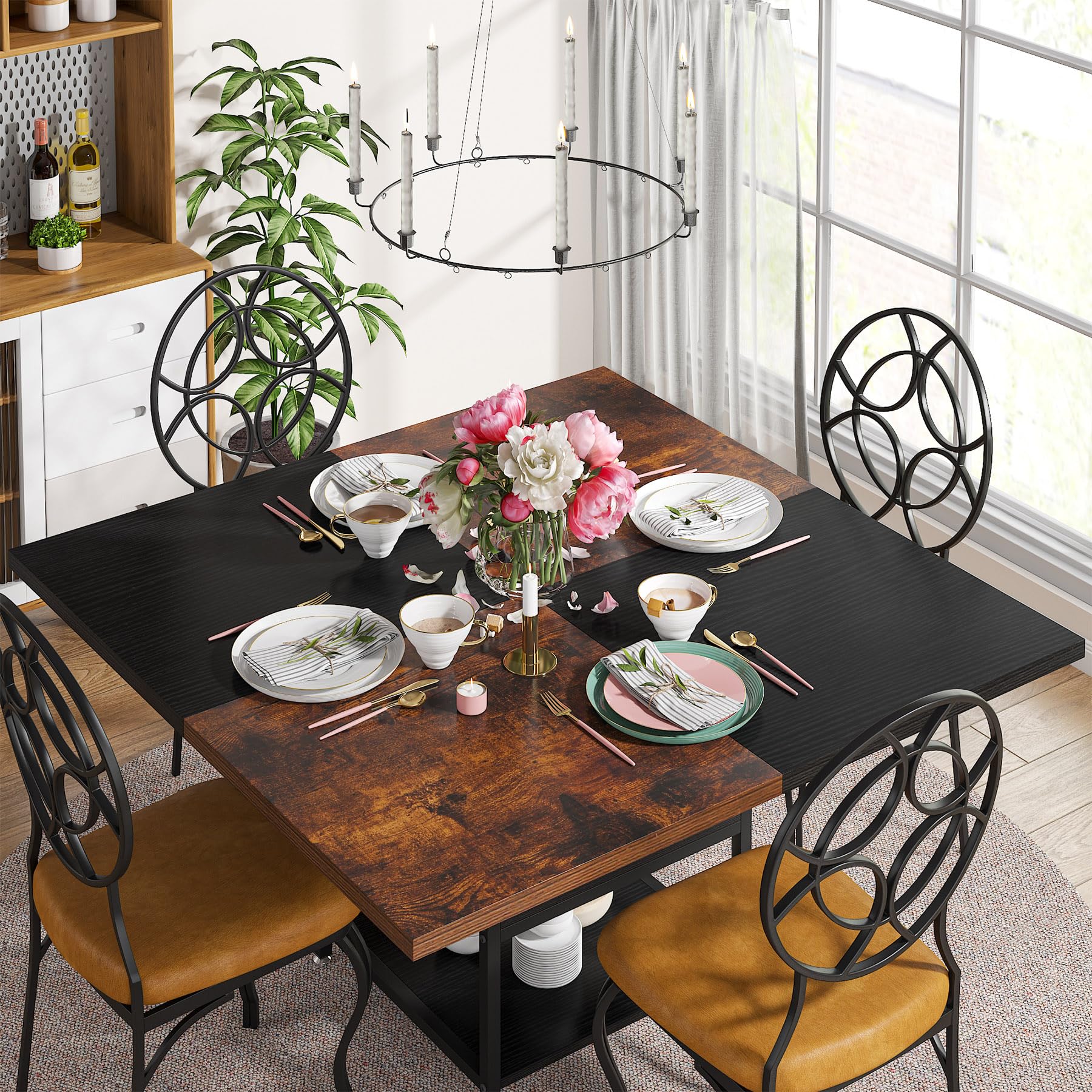 120cm Round Dining Table for 4, Wood Kitchen Table Large Dinner Table with Storage Shelf Metal Legs for Home Dining Room Living Room, Black Rustic Brown(Only Table)