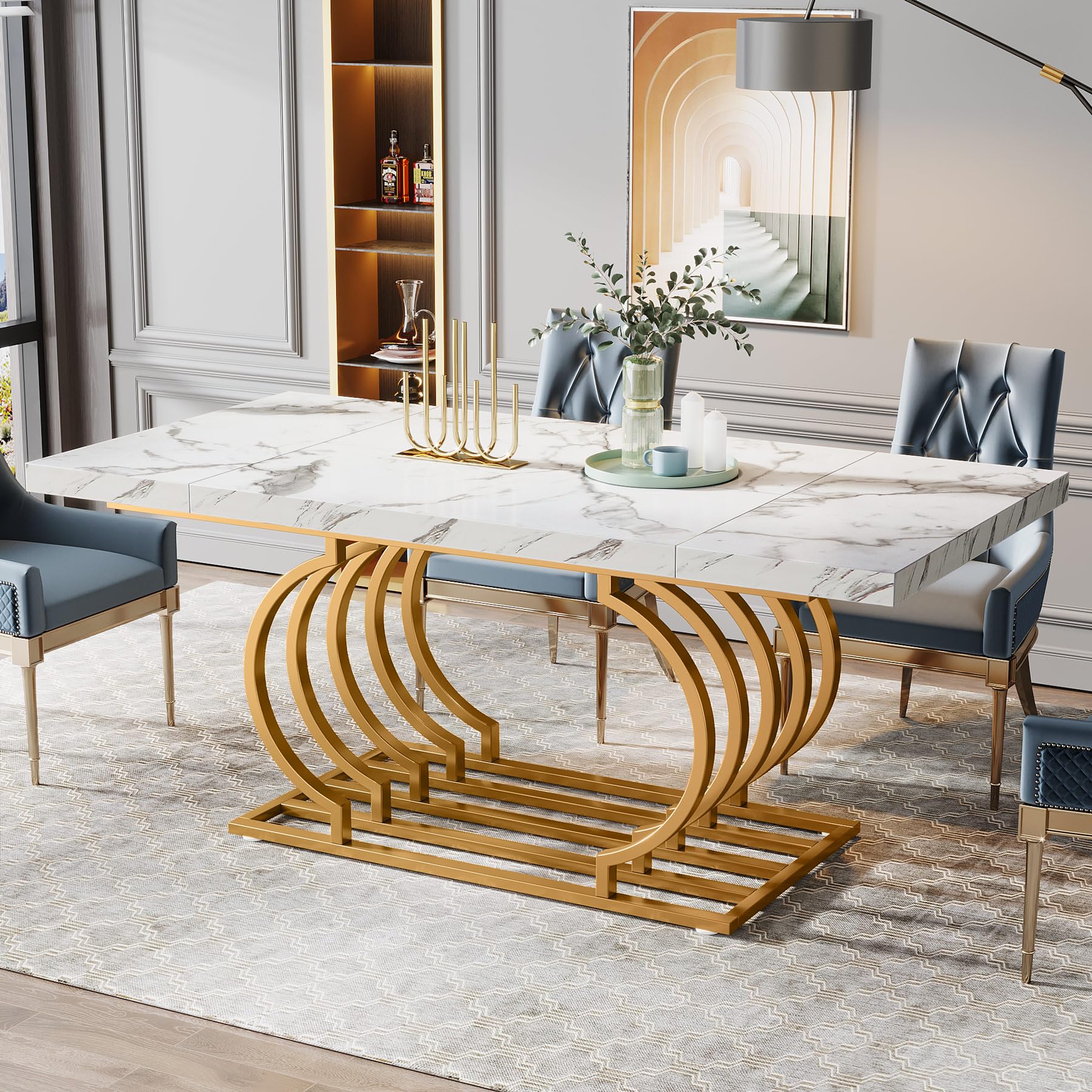 Modern Dining Table, 160cm Faux Marble Wood Kitchen Table for 6 People, Rectangular Dinner Room Table with Geometric Frame for Kitchen, Dining Room, White Gold