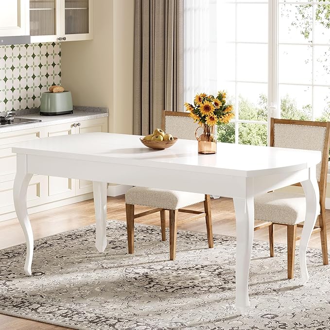 160cm White Dining Table for 4-6 People, Modern Rectangular Dining Room Table with Chic Cabriole Legs, Large Wood Kitchen Table Dinner Table for Dining Room, Living Room, Kitchen