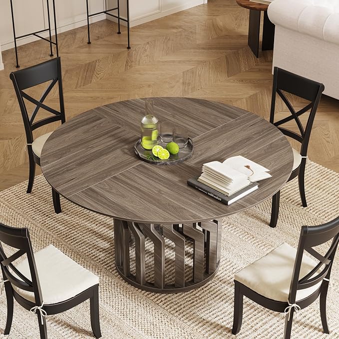 Wooden Dining Room Table, 104 Round Dining Table for 4-6 People, Modern Round Dinner Table, Large Kitchen Table with Round Tabletop, Kitchen Room Table with Pedestal Base