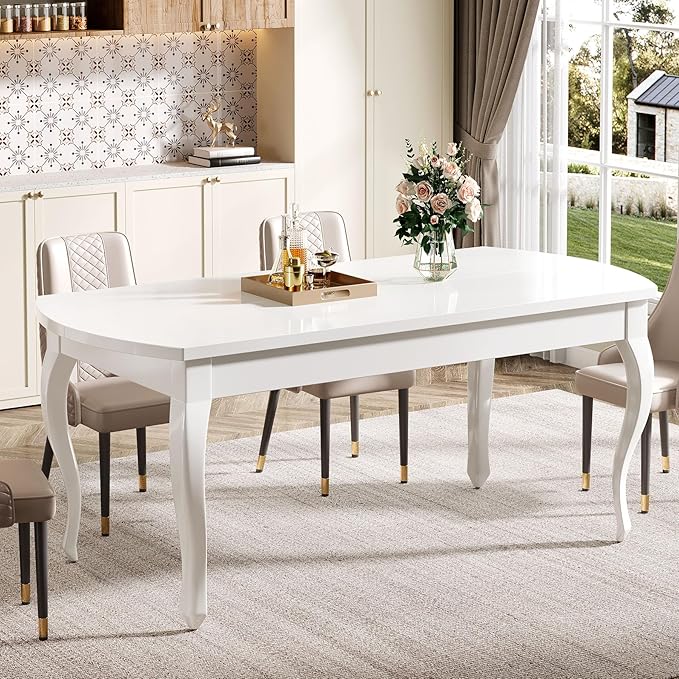 160cm White Dining Table for 4-6 People, Modern Rectangular Dining Room Table with Chic Cabriole Legs, Large Wood Kitchen Table Dinner Table for Dining Room, Living Room, Kitchen