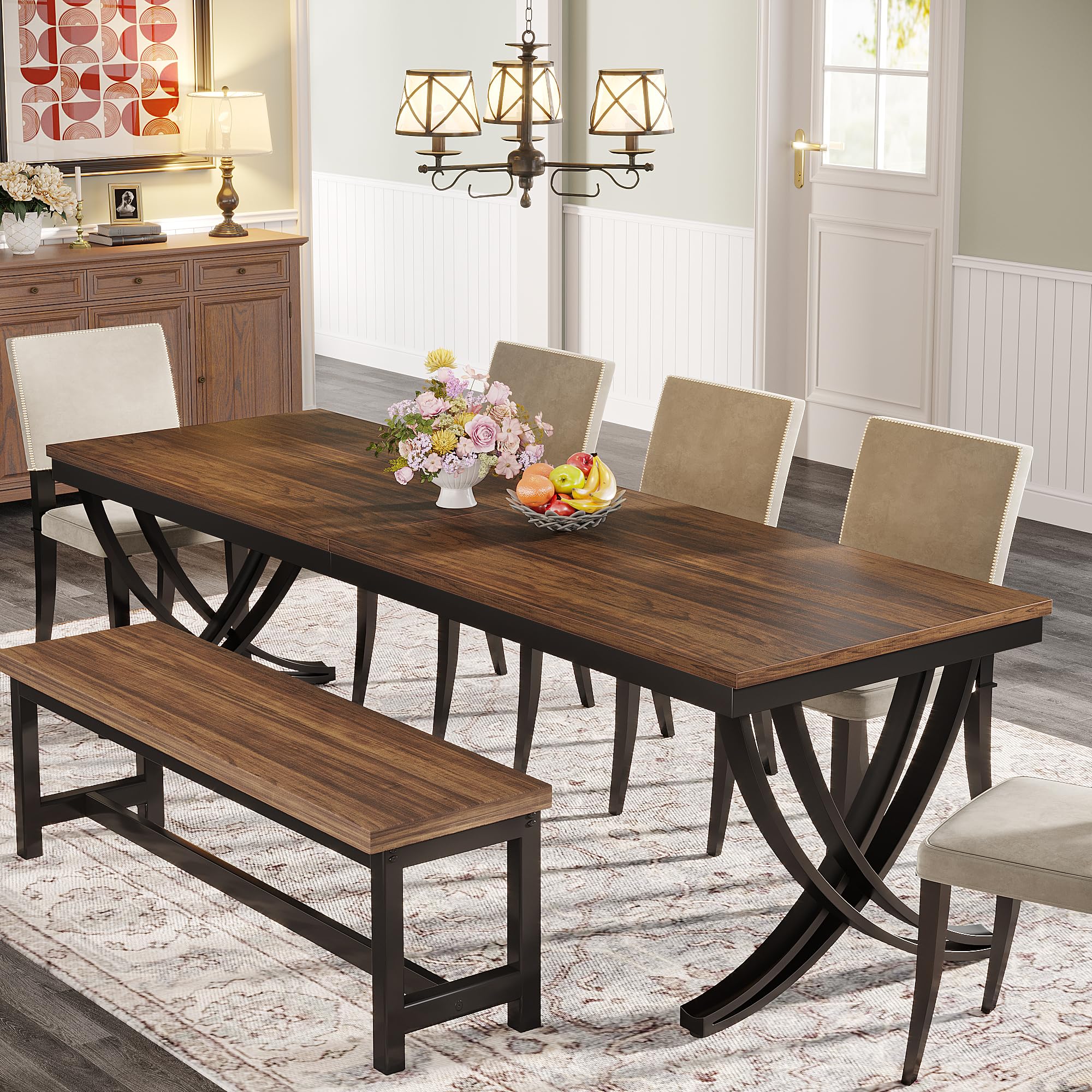 Rectangular Dining Table for 6-8, 78 inch Large Wood Farmhouse Dinner Table with Heavy Duty Metal Legs and Wooden Top for Kitchen Dining Room Living Room, Black Brown (Only Table)