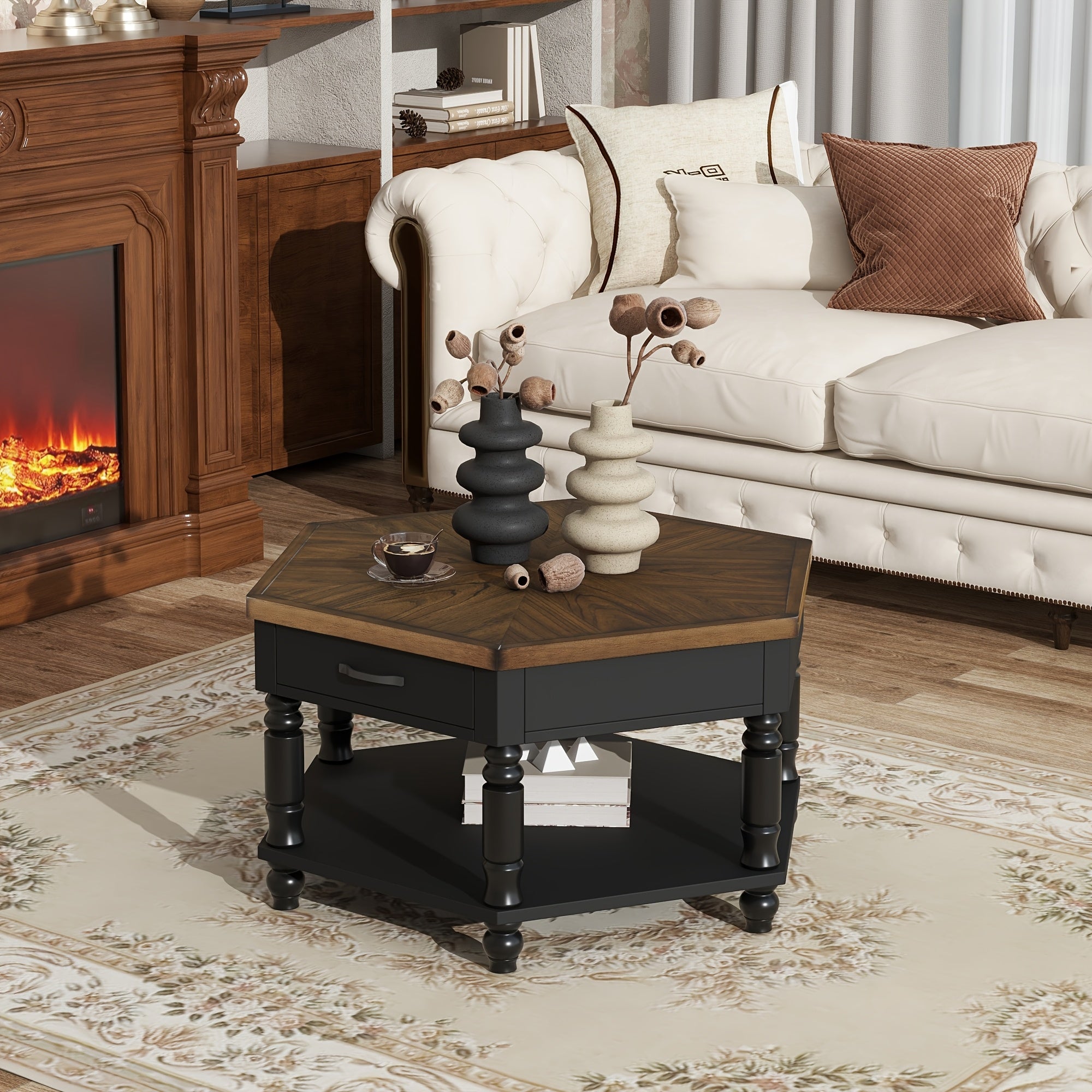 91cm Mid-Century Coffee Table for Living Room And Office, Featuring a Solid Wood Design with a Shelf And Drawer in a 2-Tier Retro Hexagon Style.