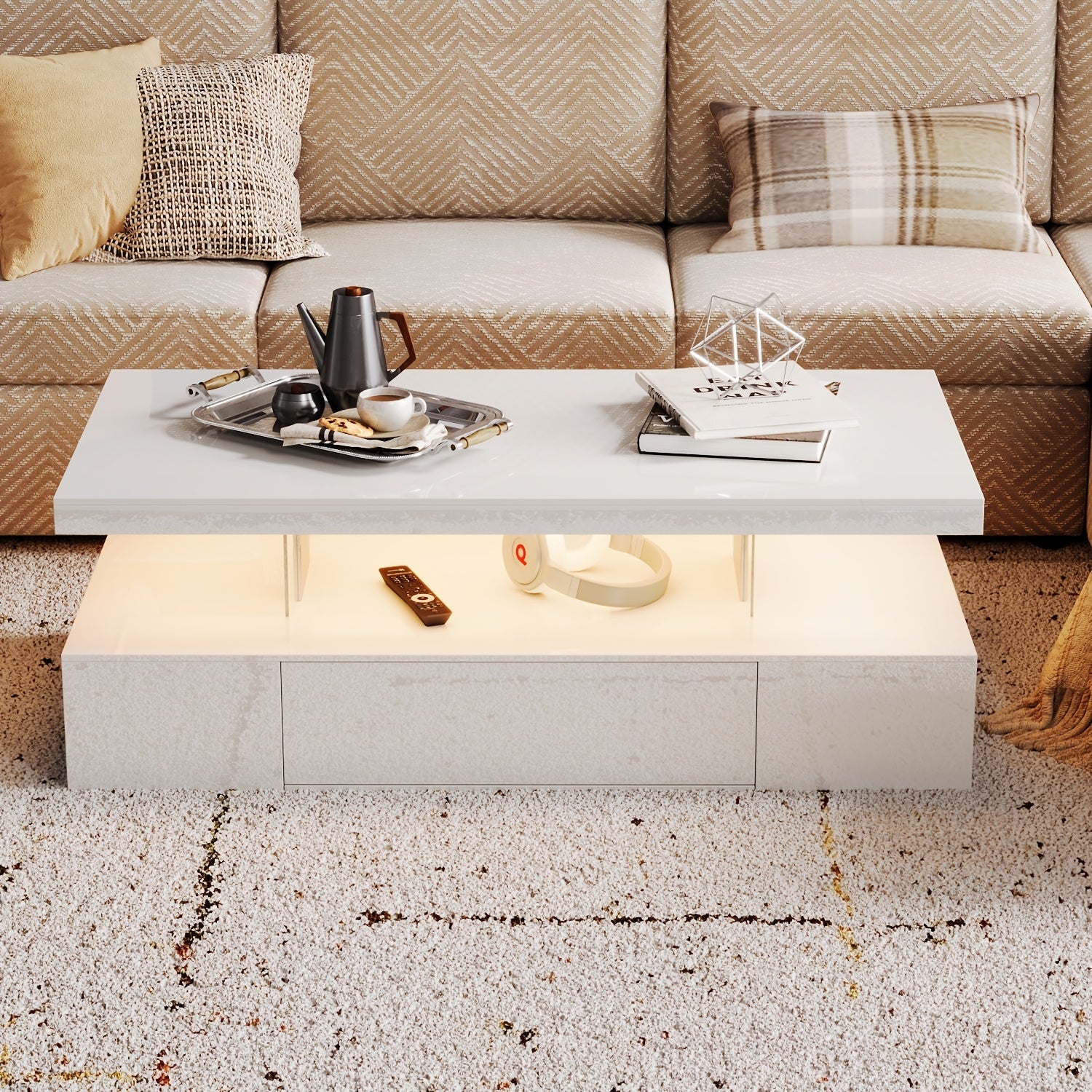 Modern LED Coffee Table With Adjustable Lighting - High-Gloss, Durable Wooden Centerpiece For Living Room & Bedroom, Easy Assembly, Space-Saving Design With Open Storage And Sliding Drawer Coffee Table For Living Room