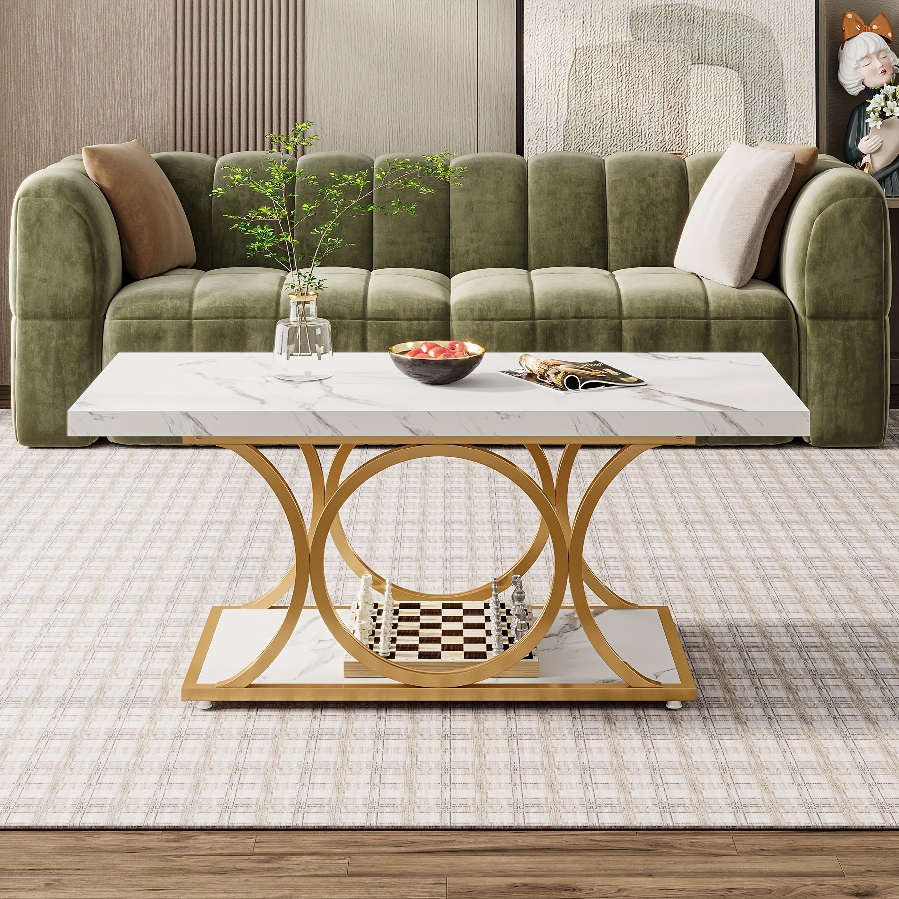 Rectangle Coffee Table, 47.24-inch Modern Coffee Tables for Living Room, 2-Tier Faux Marble Wood Coffee Table with Geometric Legs, Furniture with Storage Shelf