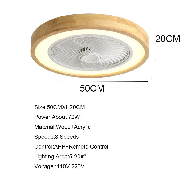 Wood Ceiling Fans + APP Remote Control 110V 220V Round Quadrilateral Led Fan Living Bedroom 20Inch Simple Modern Fans Lighting