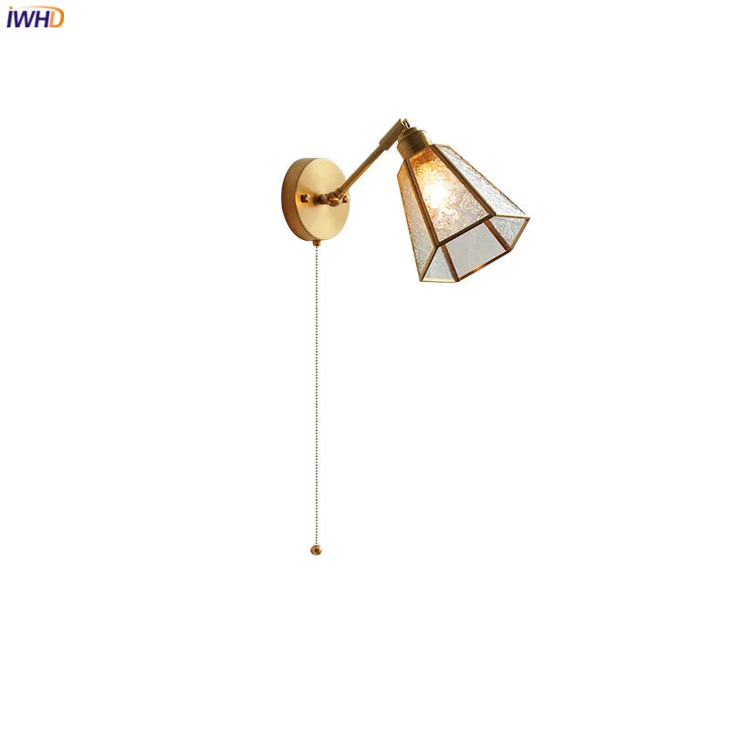 Green Glass LED Wall Lights Fixtures Home Indoor Lighting Pull Chain Switch Copper Beside Lamp Up And Down Adjustable