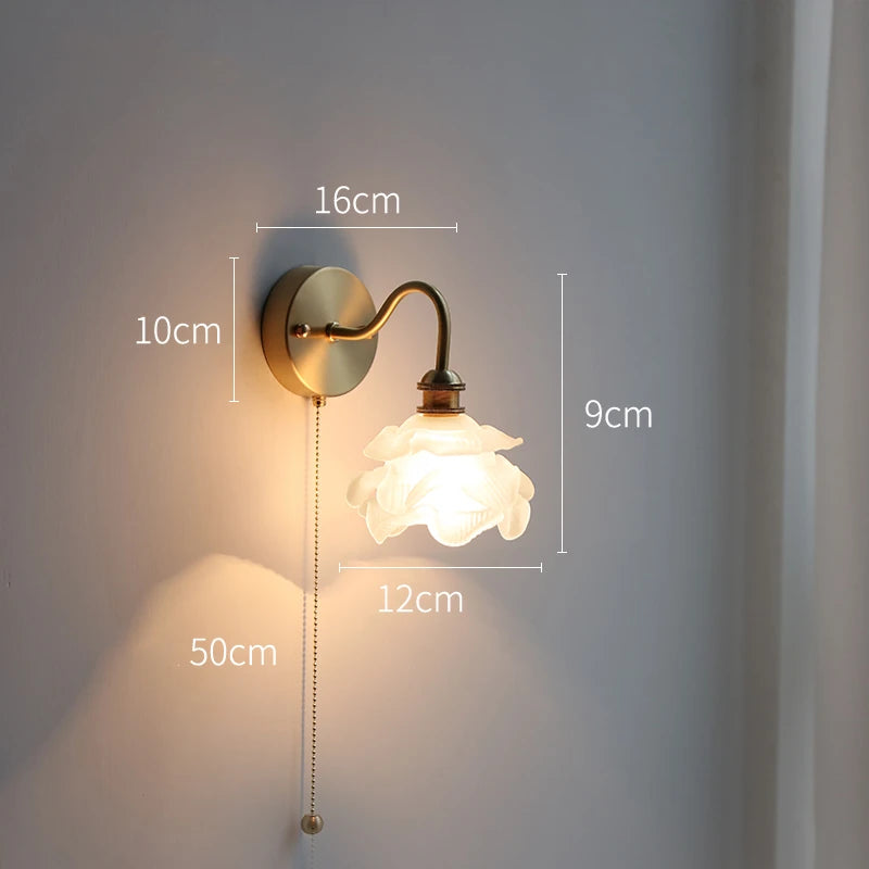 Flower Glass Copper Wall Lamp Sconce Pull Chain Switch LED Bedroom Bathroom Mirror Stair Light Nordic Modern Wandlamp