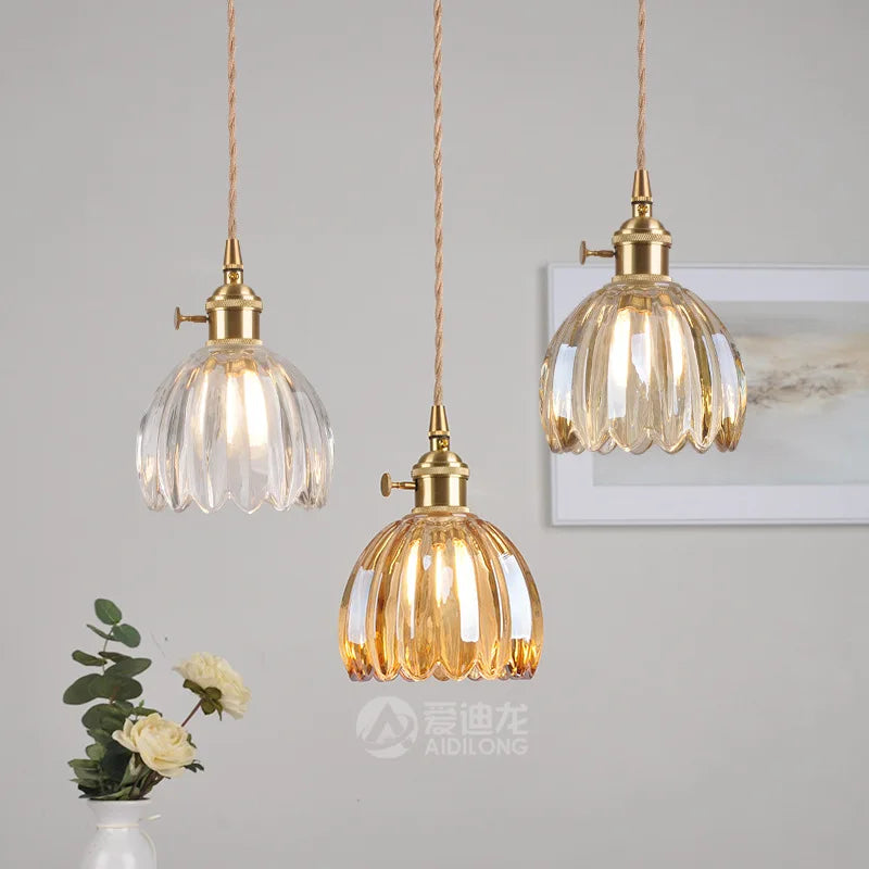 Modern Copper Glass LED Pendant Lamp Switch Living Room Bedroom Green Amber White Nordic Hanging Lights Luminaria Hanglamp