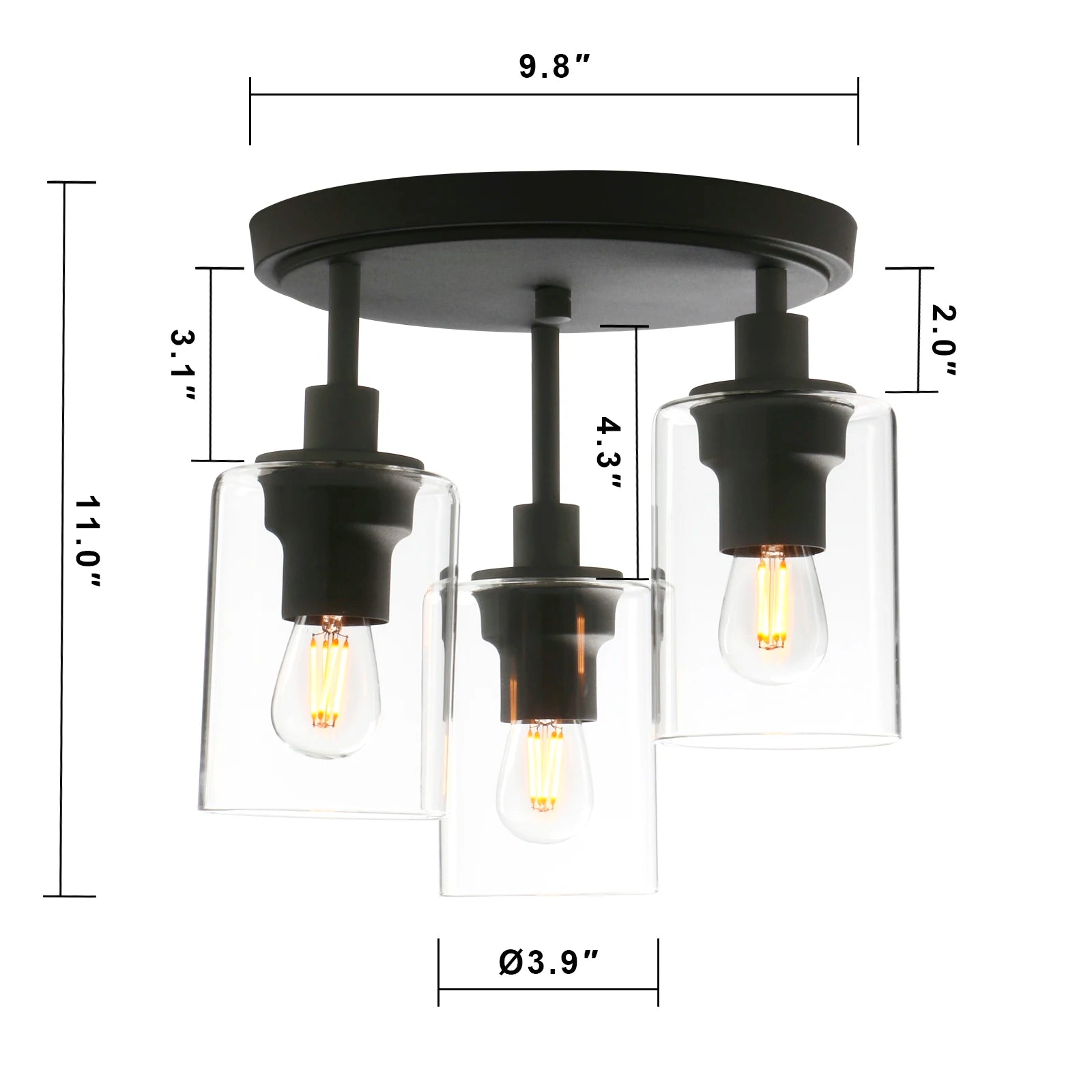 3-Light Semi Flush Mount Ceiling Lamp with Glass Shade, Ceiling Chandelier Light for Hallway Loft Kitchen Bar Dining Room