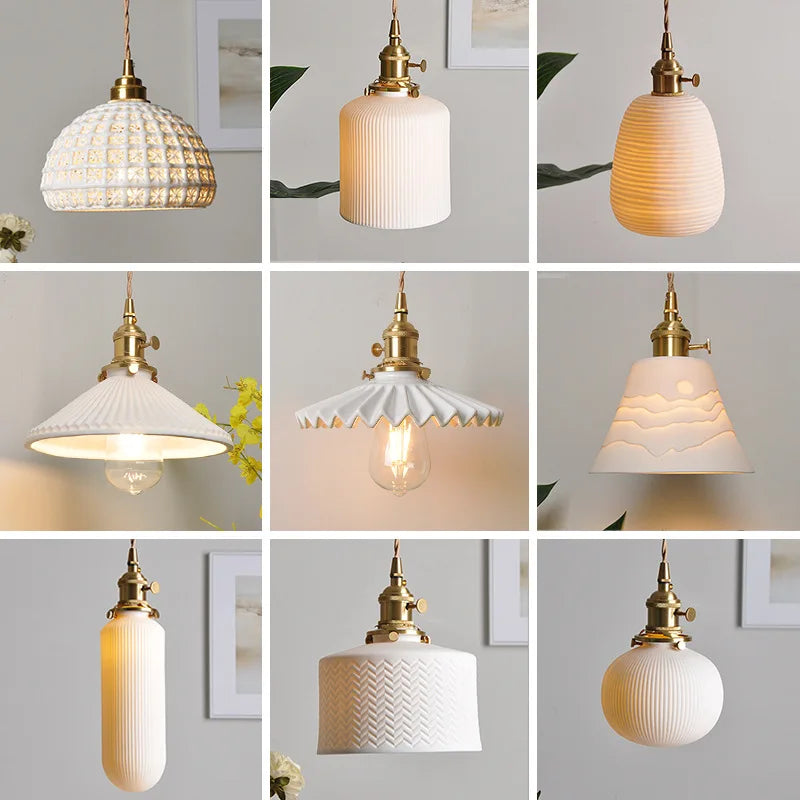 Nordic White Ceramic LED Pendant Lights Fixtures Knob Switch For Bedroom Dinning Living Room Modern Copper Hanging Lamp