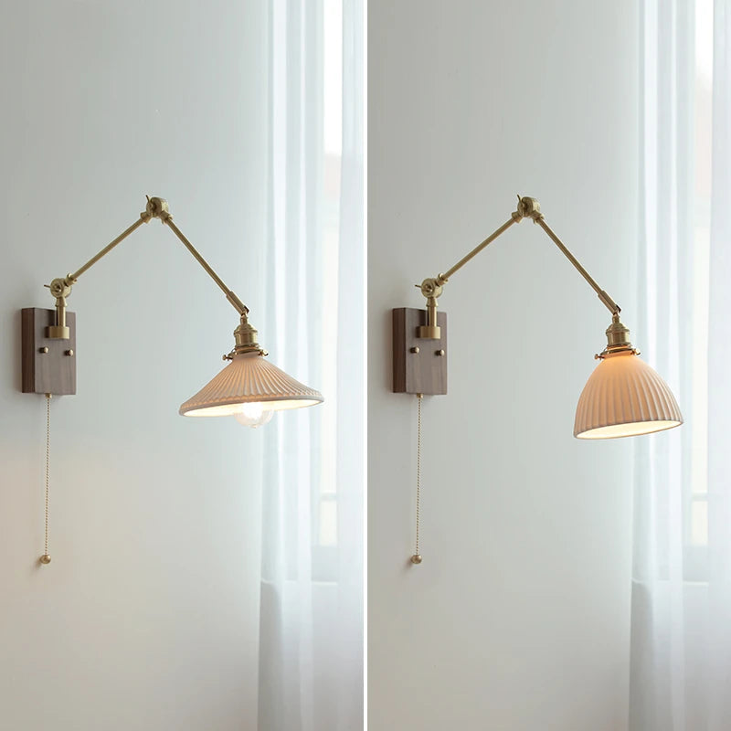 Nordic Ceramic Copper Wall Lamp Sconce Beside Pull Chain Switch Bedroom Living Room Ajustable Long Arm Wall Light LED