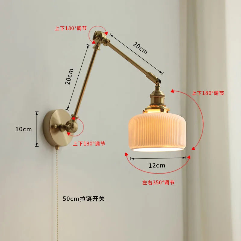 Japan Style Copper Long Arm Wall Lamp Sconce Pull Chain Switch Beside Bedroom Stair Light Ceramic Lampshade Wandlamp LED