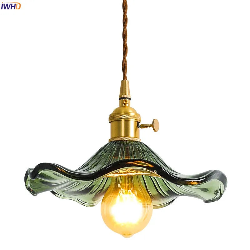 Nordic Green Glass Hanging Light 85-265V Copper Knob Switch Living Dinning Room Modern LED Pendant Lamp Lighting Hanglamp