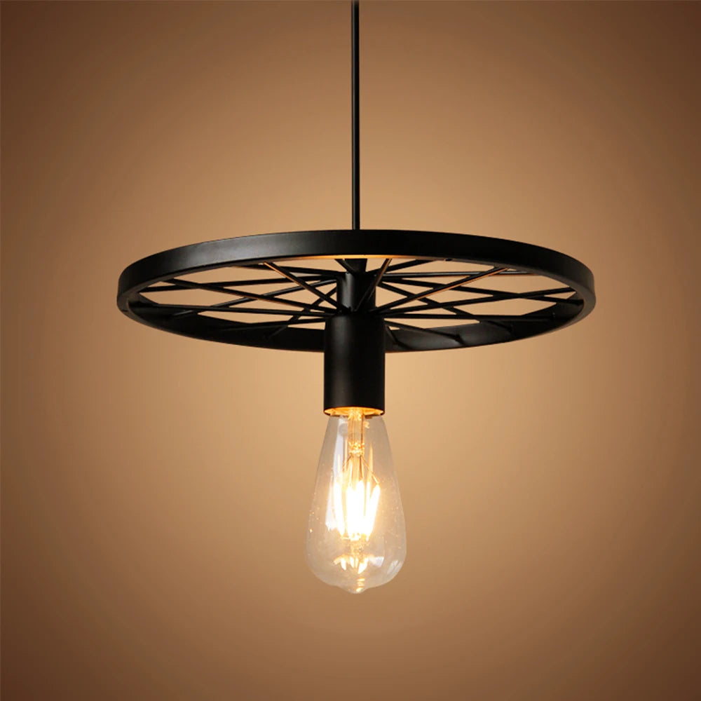 Industrial Suspension Light Chandelier Vintage Ceiling Pendant Lamp Black E27 Wheel Metal for Restaurant Living Room Kitchen