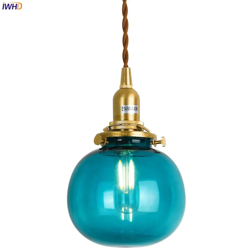 Green Little Glass Ball Pendant Lights Fixtures E14 Copper 4W Bedroom Living Room Light Nordic Modern Hanging Lamp LED