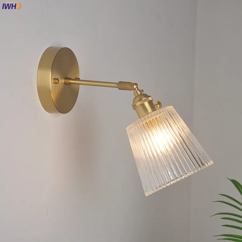 Japanese Copper Glass Wall Lights Fixtures Switch Bedroom Beside Stair Mirror Light Nordic Modern Wall Lamp Sconce LED