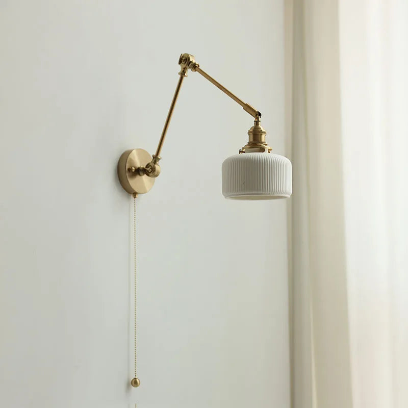 Japan Style Copper Long Arm Wall Lamp Sconce Pull Chain Switch Beside Bedroom Stair Light Ceramic Lampshade Wandlamp LED