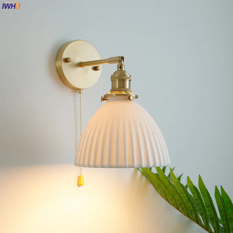 Pull Chain Switch LED Wall Light Fixtures Bedroom Living Room Bathroom Mirror Beside Lamp Copper Ceramic Wall Sconce