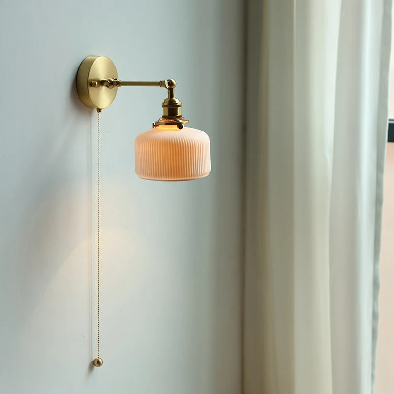 Ceramic Copper Arm Wall Lamp Beside Pull Chain Switch Bedroom Bathroom Stair Japan Style Nordic Modern Wandlamp Applique