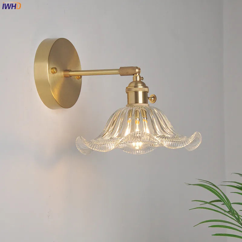 Copper Glass LED Wall Lamp Switch Japanese Nordic Style Bedroom Bathroom Mirror Stair Light Wall Sconce Applique Murale