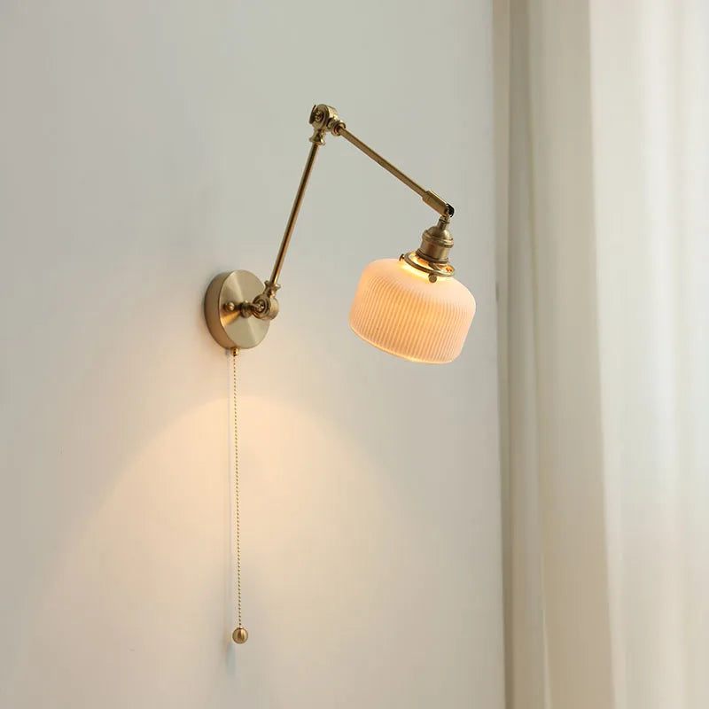 Japan Style Copper Long Arm Wall Lamp Sconce Pull Chain Switch Beside Bedroom Stair Light Ceramic Lampshade Wandlamp LED