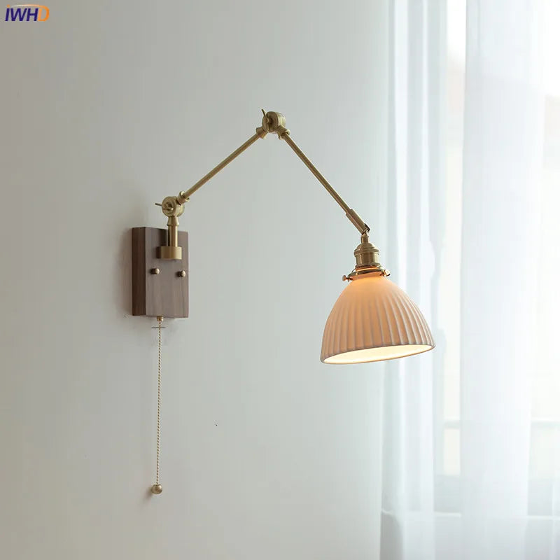 Nordic Ceramic Copper Wall Lamp Sconce Beside Pull Chain Switch Bedroom Living Room Ajustable Long Arm Wall Light LED