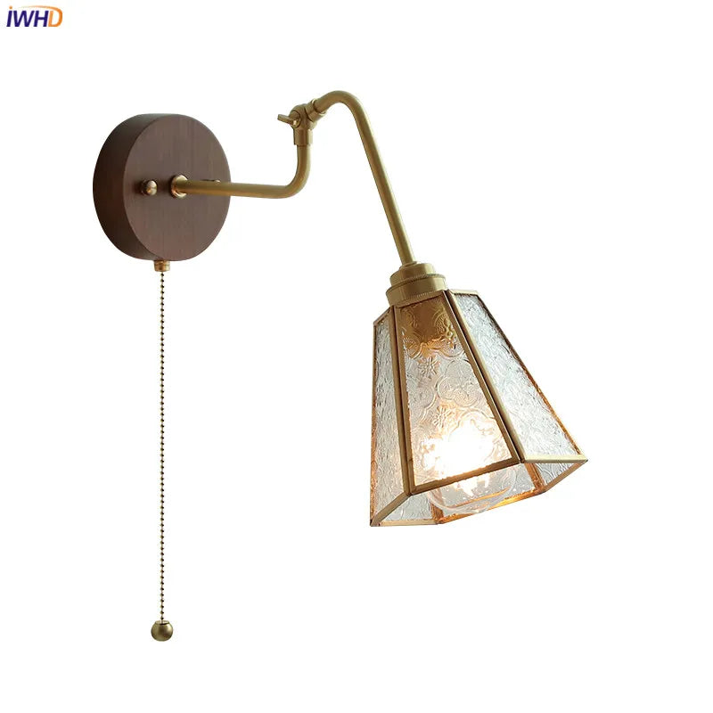 Wood Canopy Nordic Wall Lamp Sconce Pull Chain Switch Home Lighting Copper Arm LED Stair Light Wandlamp Applique Murale