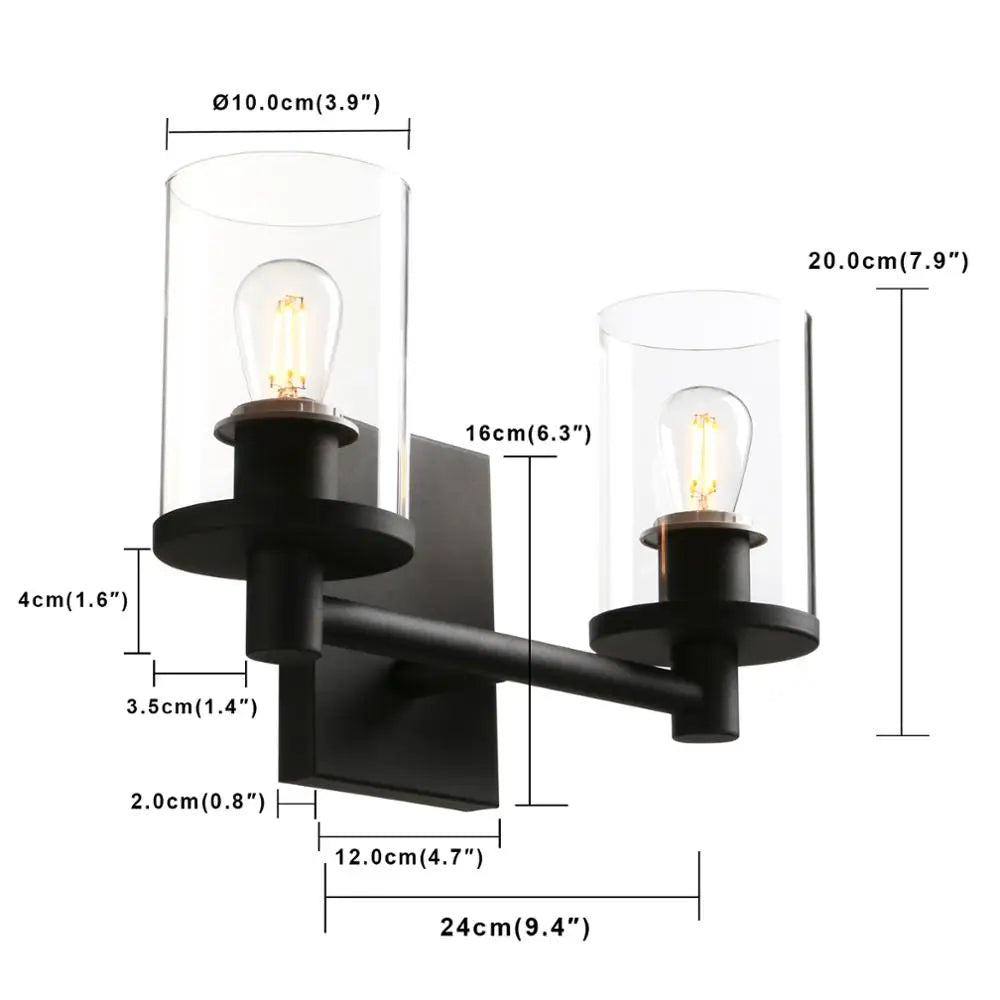 Industrial 2 Light Glass Wall Hanging Wall Light Bedroom Bathroom Dresser Lamp with 3.9 Inch Transparent Glass Shade