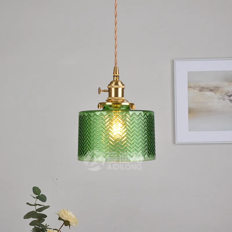 Modern Green Glass Hanging Lamp Copper Knob Switch Dinning Living Room Lights Nordic LED Pendant Light Luminaria Hanglamp