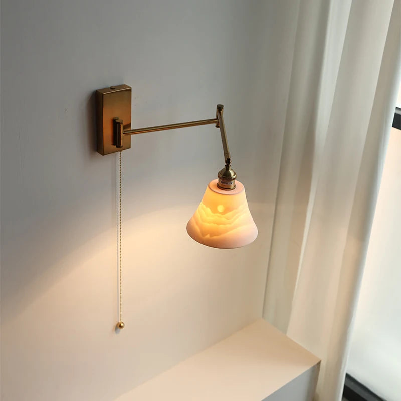 Green Glass LED Wall Light Fixtures Pull Chain Switch Up And Down Left Right Adjustable Swing Long Arm Wall Sconce Wandlamp