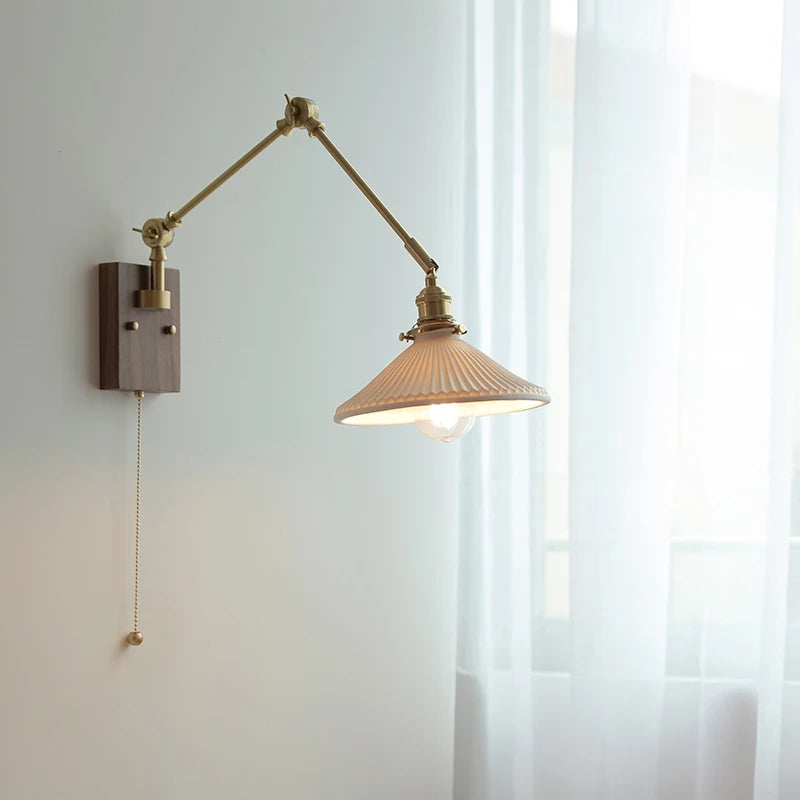 Nordic Ceramic Copper Wall Lamp Sconce Beside Pull Chain Switch Bedroom Living Room Ajustable Long Arm Wall Light LED