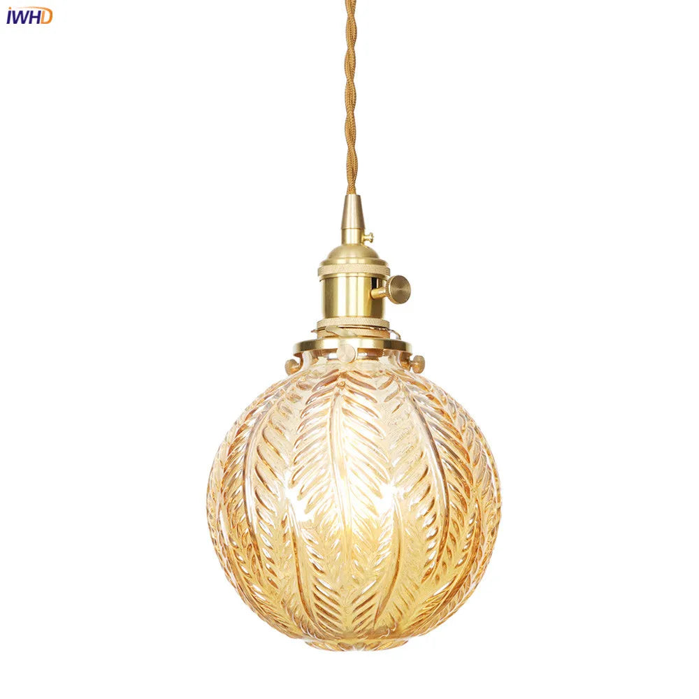 Nordic Style Amber Glass Ball Pendant Lights Kitchen Cafe Dinning Living Room Light Modern Copper Pendant Lamp Hanglamp LED