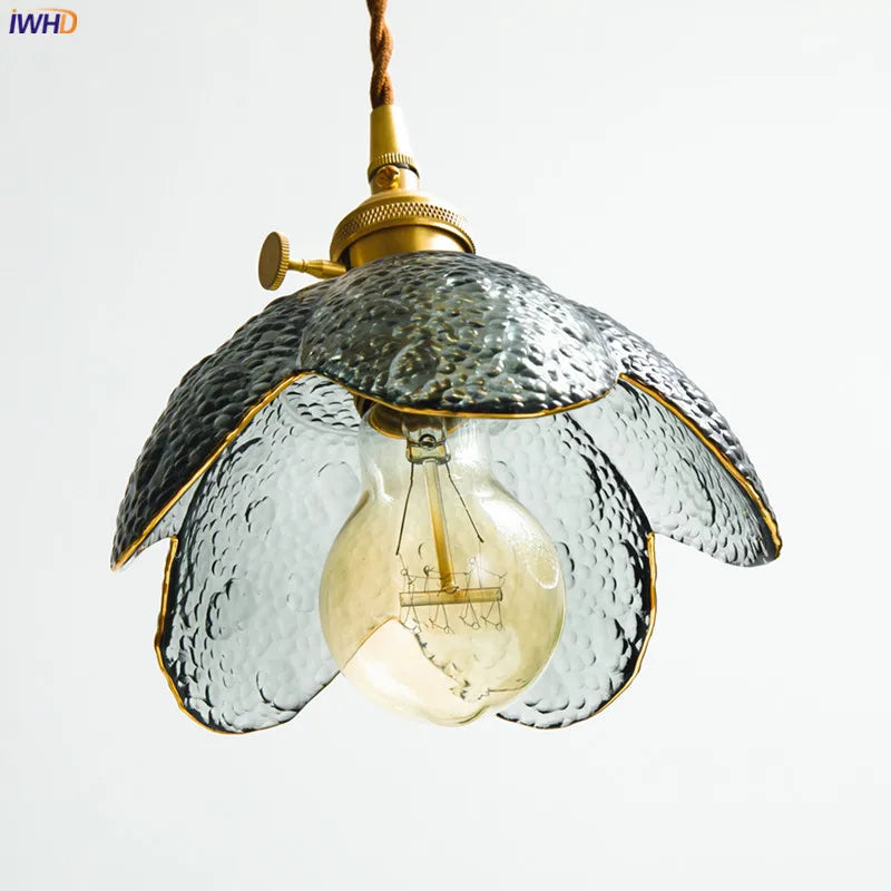 Nordic Style Flower Glass Pendant Lamp Bedrom Restaurant Bar Japanese Copper Vintage Industrial Pendant Lighting Fixtures