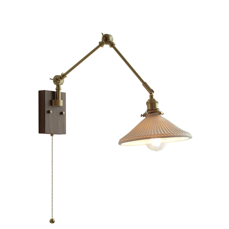 Nordic Ceramic Copper Wall Lamp Sconce Beside Pull Chain Switch Bedroom Living Room Ajustable Long Arm Wall Light LED