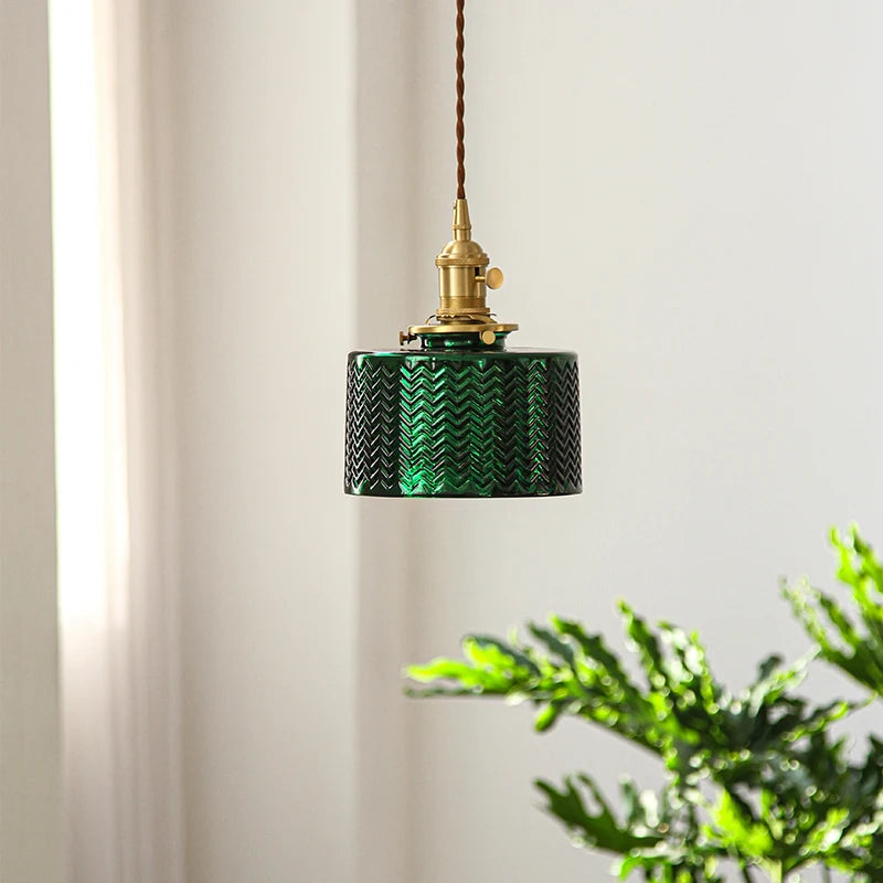 Nordic Green Glass LED Pendant Lights Fixtures Bedroom Living Room Switch Copper Vintage Hanging Lamp Lighting