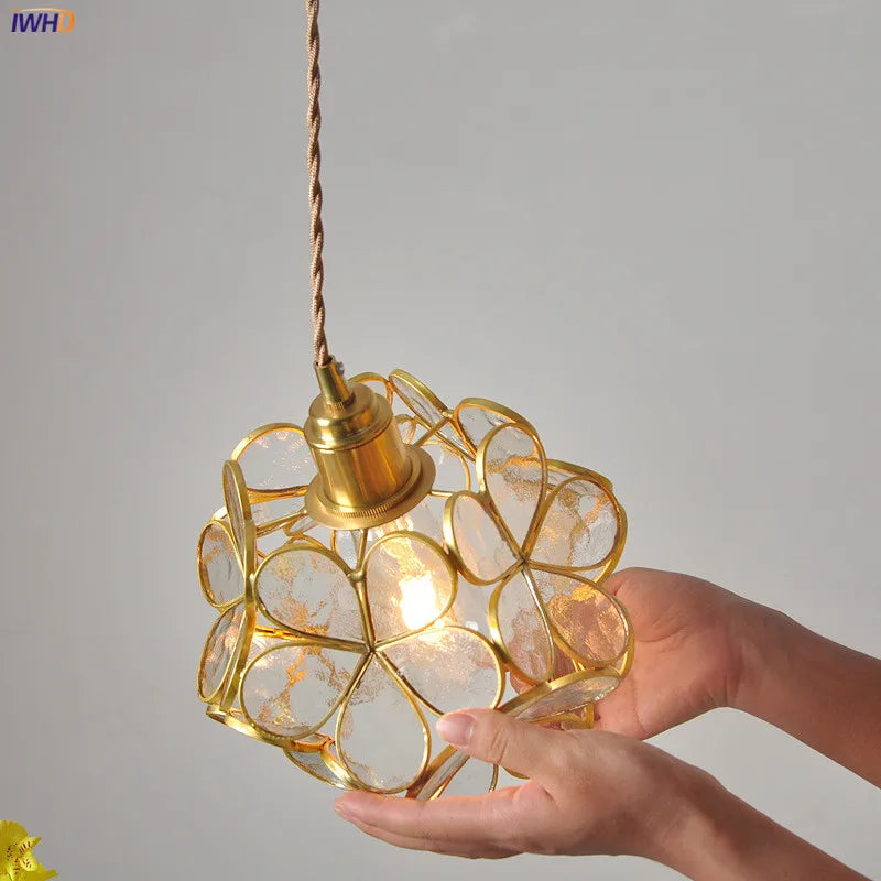 Nordic Flower Copper Pendant Lighting Fixtures Bedroom Dinning Living Room Glass LED Pendant Light Fixtures Luminaria