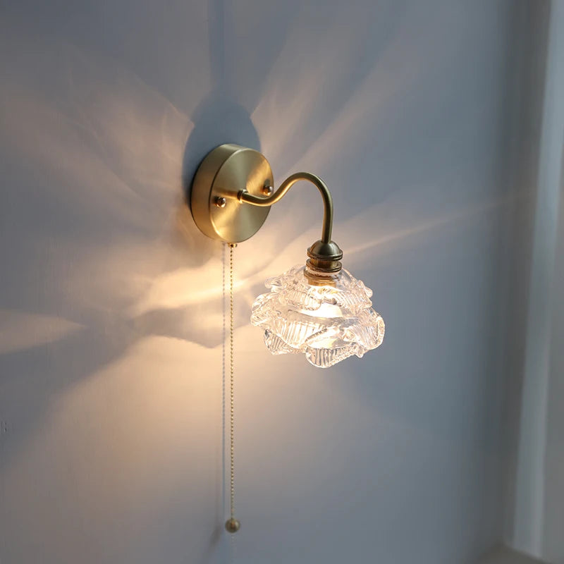 Flower Glass Copper Wall Lamp Sconce Pull Chain Switch LED Bedroom Bathroom Mirror Stair Light Nordic Modern Wandlamp