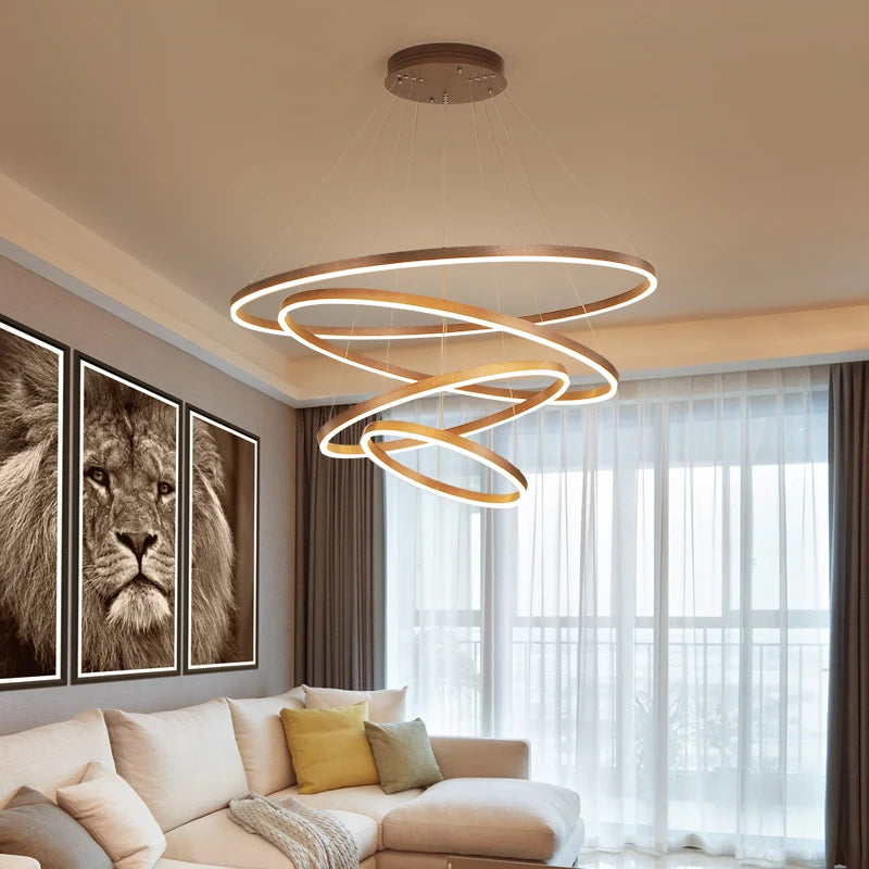 New Luxury Led Chandelier Home Lighting Aluminum Brushed Rings Gold&Coffee Hanging Lamps for Living Room Dining Table Bedroom