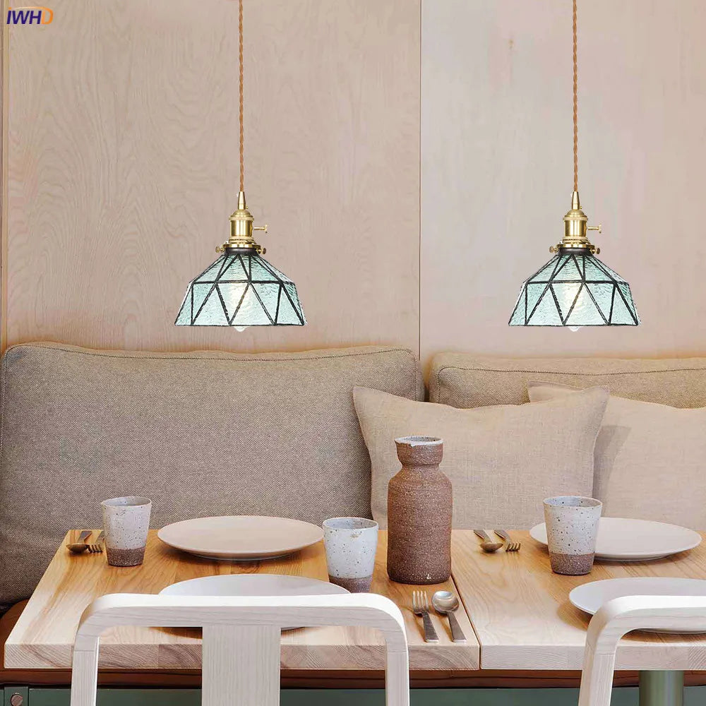 Japan Style Bule Glass Pendant Lights Kitchen Cafe Bar Living Room Switch Nordic Modern Copper Hanging Lamp Light Luminaria