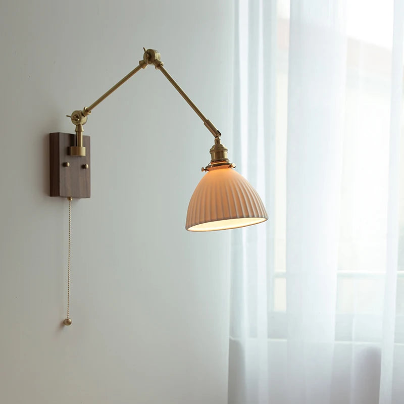 Nordic Ceramic Copper Wall Lamp Sconce Beside Pull Chain Switch Bedroom Living Room Ajustable Long Arm Wall Light LED