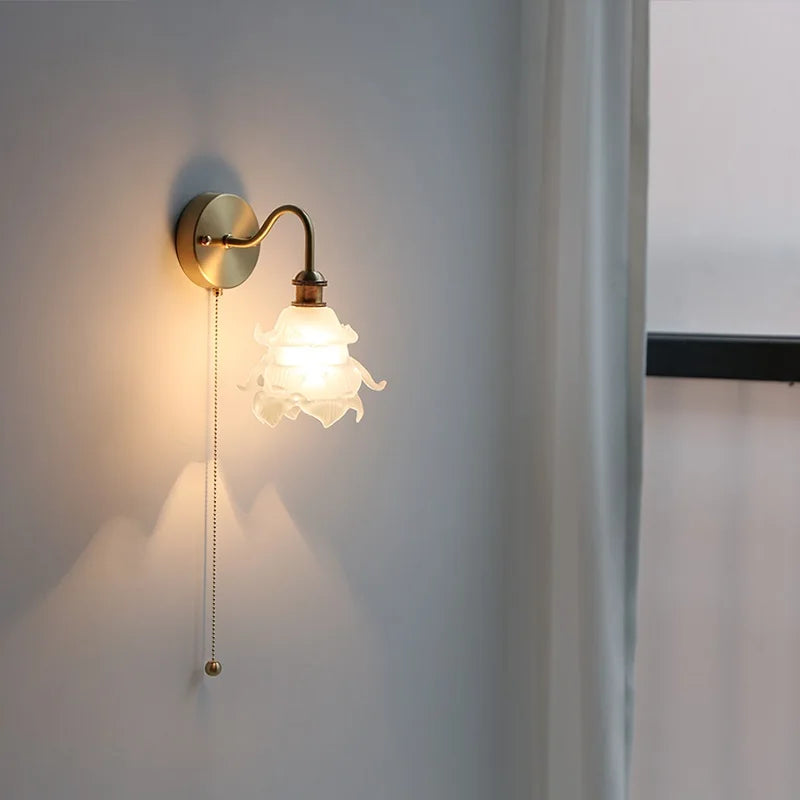 Flower Glass Copper Wall Lamp Sconce Pull Chain Switch LED Bedroom Bathroom Mirror Stair Light Nordic Modern Wandlamp