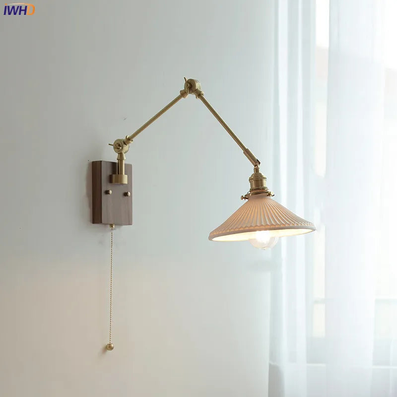 Pull Chain Switch LED Wall Light Fixtures Bedroom Study Living Room Copper Swing Long Arm Wall Lamp Sconce Applique Murale