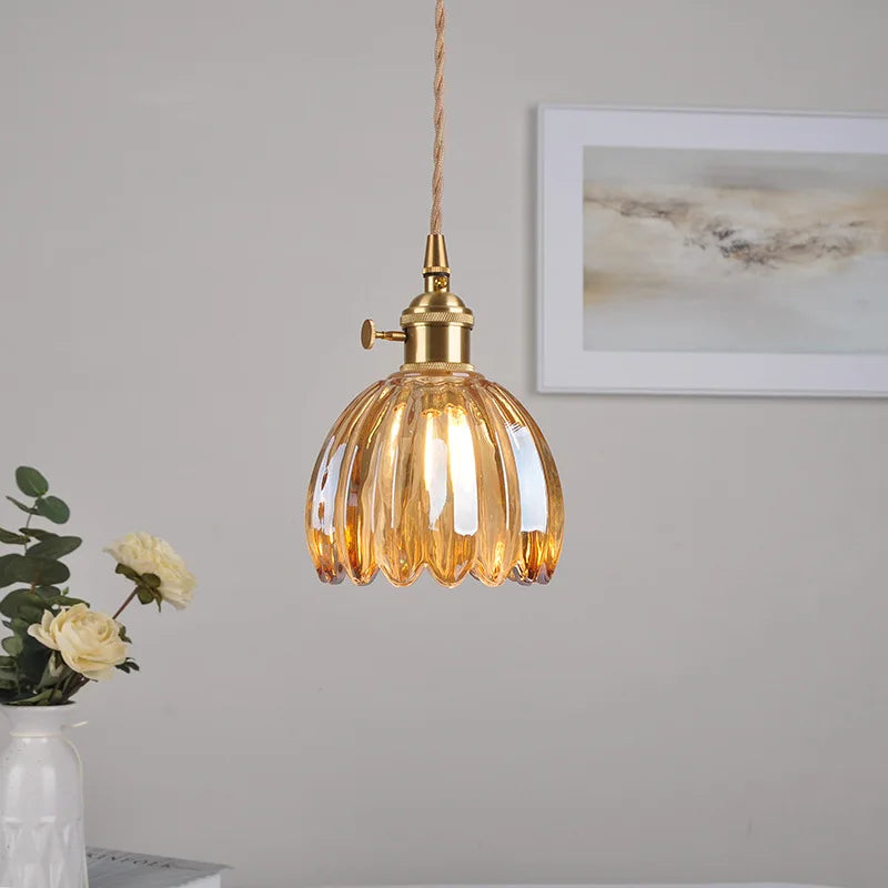 Modern Copper Glass LED Pendant Lamp Switch Living Room Bedroom Green Amber White Nordic Hanging Lights Luminaria Hanglamp