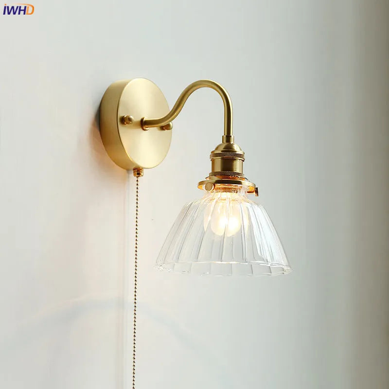 Nordic Modern LED Wall Lamp Beside Pull Chain Switch Bedroom Bathroom Mirror Stair Light Glass Copper Wall Sconce Luminaira